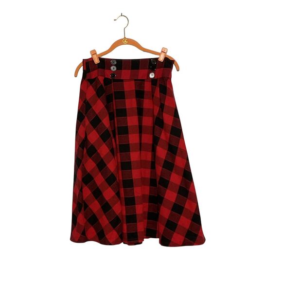 Belle Poque Red Plaid A-Line Skirt, Elastic Waist, Pockets - Picture 2 of 8